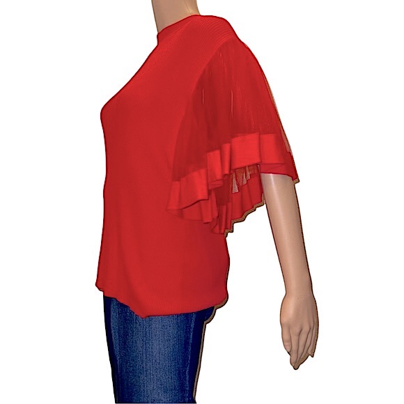 *NWOT 7th Avenue Design Studio NY&C- Red Ribbed Sweater with Tulle Sleeves - Picture 4 of 10